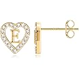 Anoup Heart Initial Stud Earrings - Gifts for Girls, Sterling Silver Post 14K Gold Plated All Over Hypoallergenic | CZ Simulated Diamond Stud Earrings | Birthday Gifts for Kids Toddlers Daughter