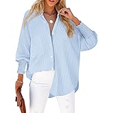 Womens Smocked Cuffed Striped Boyfriend Shirt Casual Collar Long Sleeve Oversized Button Down Blouse Tops with Pocket Shirred