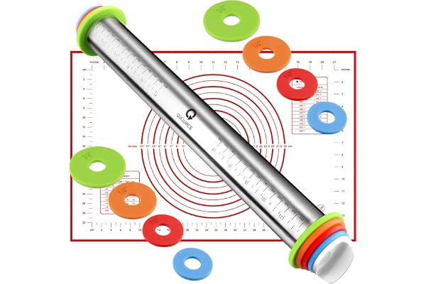 Rolling Pin and Silicone Baking Mat Set, Stainless Steel Dough Roller, Rolling Pins with Adjustable Thickness Rings for Makin