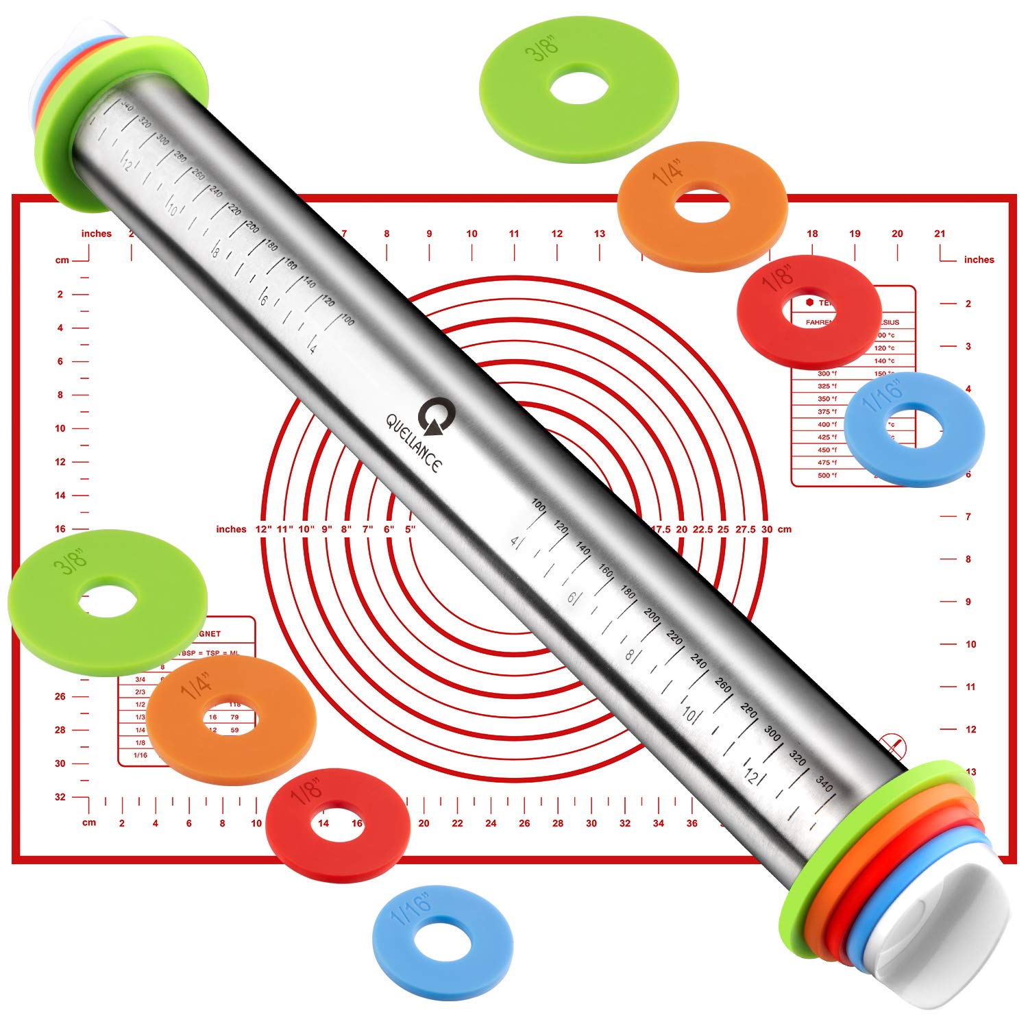 Photo 1 of ***MISSING PARTS***
Rolling Pin and Pastry Baking Mat Set, Rolling Pins with Adjustable Thickness Rings, Stainless Steel Dough Roller for Baking Fondant, Pizza, Pie, Pastry, Pasta, Cookies (Red Mat)