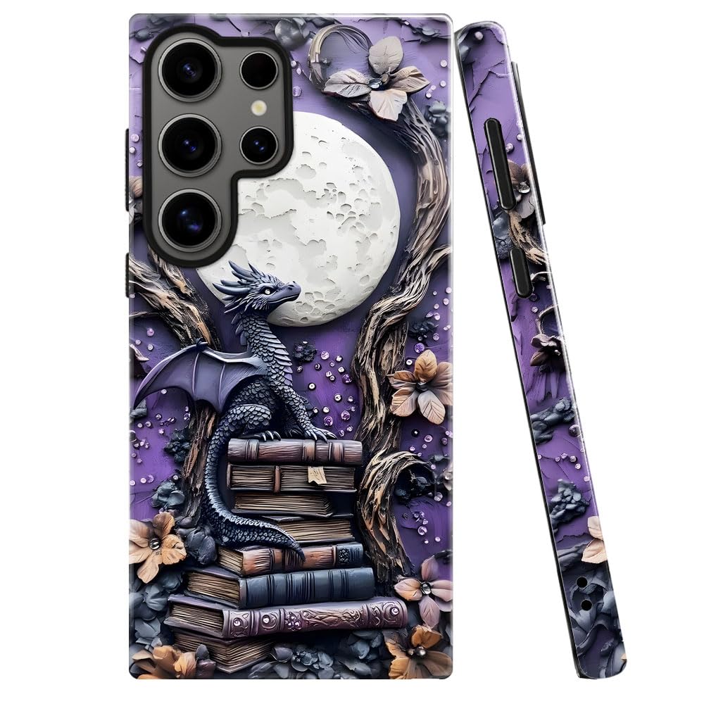 Case for Samsung Galaxy S25 Ultra,Purple Dragon Book Moon Flower Phone Case Military-Grade Drop Protection Cover for Women Girl - Glossy