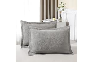 WINLIFE 100% Cotton Quilted Pillow Sham Floral Printed Pillow Cover (Grey)