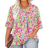Micoson Womens Plus Size Tops 3/4 Ruffle Sleeve Shirt Casual V Neck Pleated T Shirt Loose Fit Tunic Blouse(1X-5X)