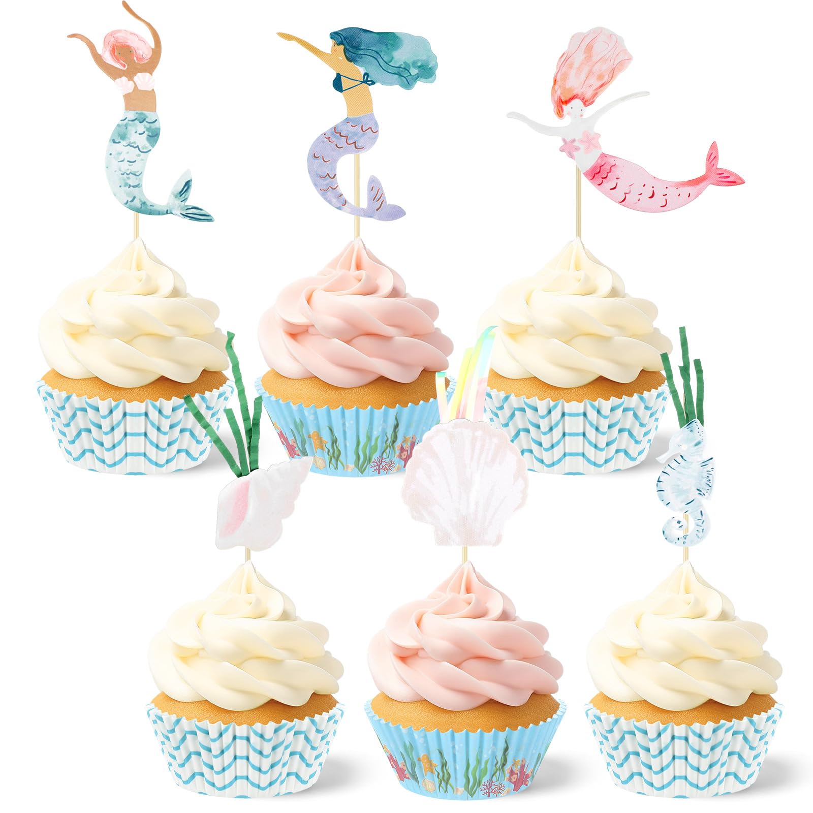Photo 1 of Honeydak 48 Pcs Mermaid Cupcake Kit Include 24 Mermaid Cake Topper 24 Ocean Cupcake Liners for Birthday Graduation Party Supplies Seahorse Shell Seaweed Conch Under the Sea Cake Decoration