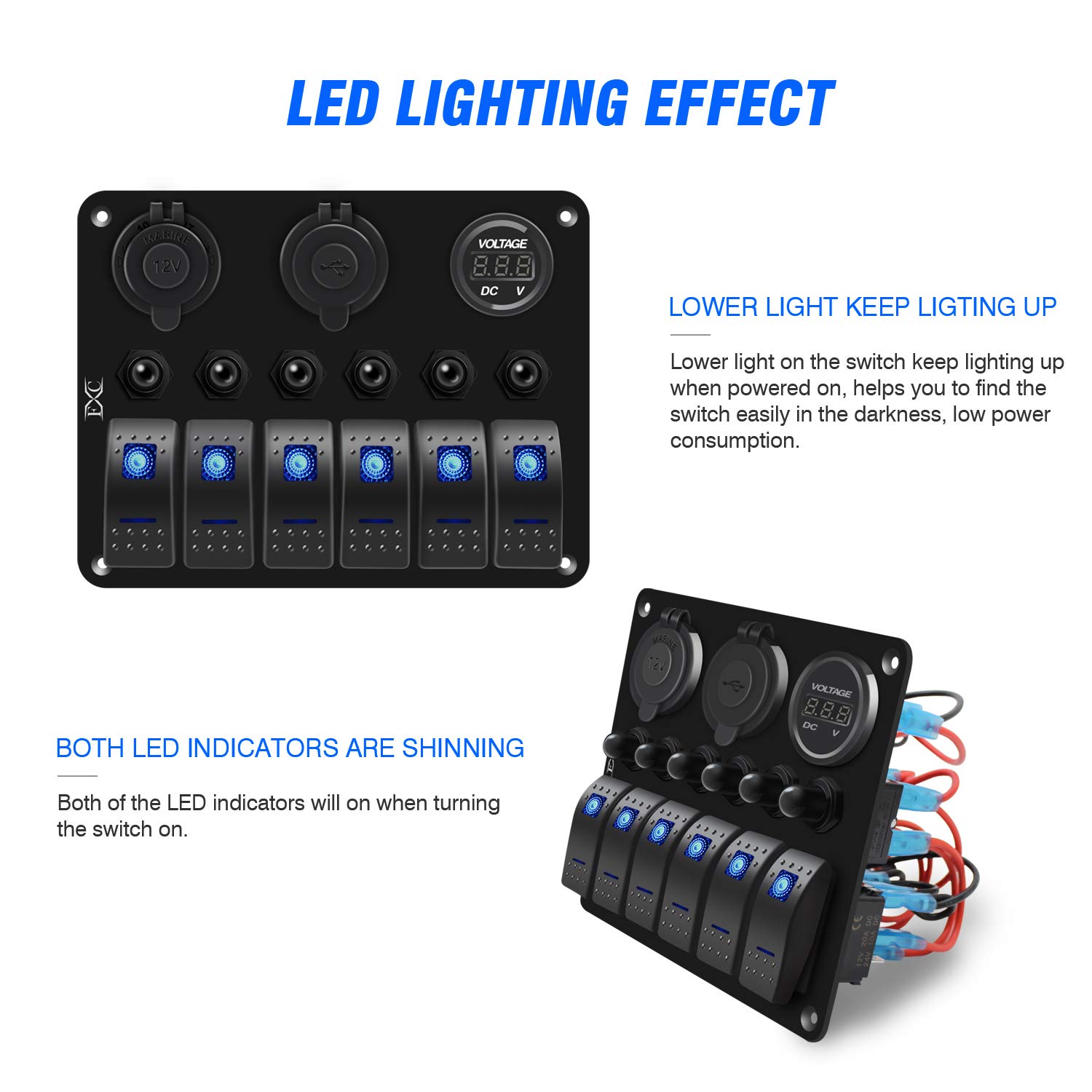 FXC Waterproof Marine Boat Rocker Switch Panel 6 Gang with 3.1A Dual USB Slot Socket + Cigarette Lighter +LED Voltmeter with Overload Protection for Car Rv Vehicles Truck (6 Gang Blue LED) (6 Blue): Industrial & Scientific