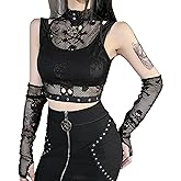 FEOYA Gothic Shirts for Women Harajuku Fashion Grunge Punk Clothes Egirl Anime Emo Shirt Mall Goth Y2K Crop Top