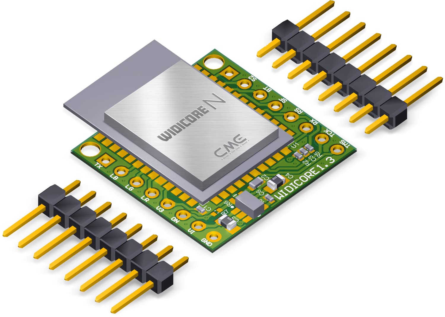 CME WIDI Core N - Smart (BLE) breakout board that implements premium MIDI over Bluetooth Low Energy as developed by CME with onboard PCB antenna and un-populated pin header