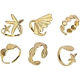 Mikovivi 6pcs Gold Seashell Starfish Ring Set for Women, Stainless Steel Beach Sea Jewelry with Shell Wave Design Adjustable Stackable Ocean-Themed Accessories for Summer Daily Wear