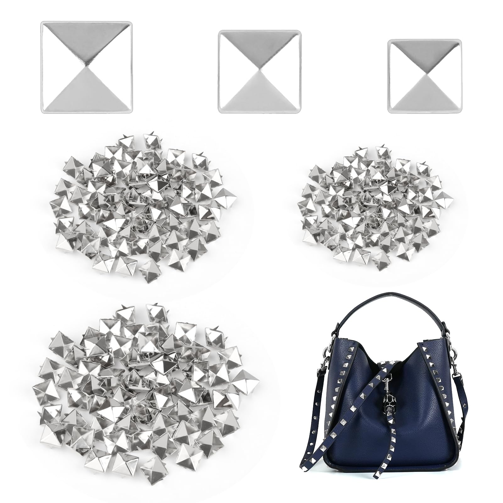 JIANGZHIB Pack of 210 Square Metal Rivets, Silver Rivets for Leather, Pyramid Spike Rivets, DIY Punk Decorative Rivets, 3 Sizes of 70 Each Rivets 8 mm/9 mm/10 mm for Bags, Leather Strap, Clothes,