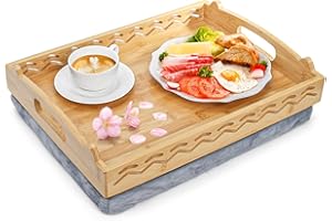 Okllen Bamboo Lap Tray with Detachable Cushion & Handles, 16"x12.2" Breakfast Bed Tray for Eating, Recliner/Sofa/Bed, Housewa