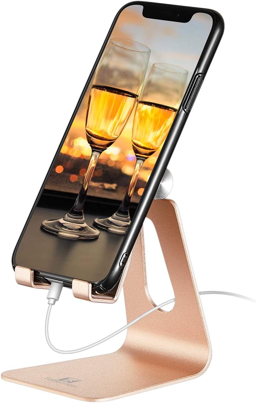 Phone Stand for Desk, Single Adjustable Cell Phone Holder, Portable Mobile Phone Cradle Dock for iPhone 15, 14, 13, 12 Pro Max, Samsung, Huawei, and All Smartphones. (Gold)