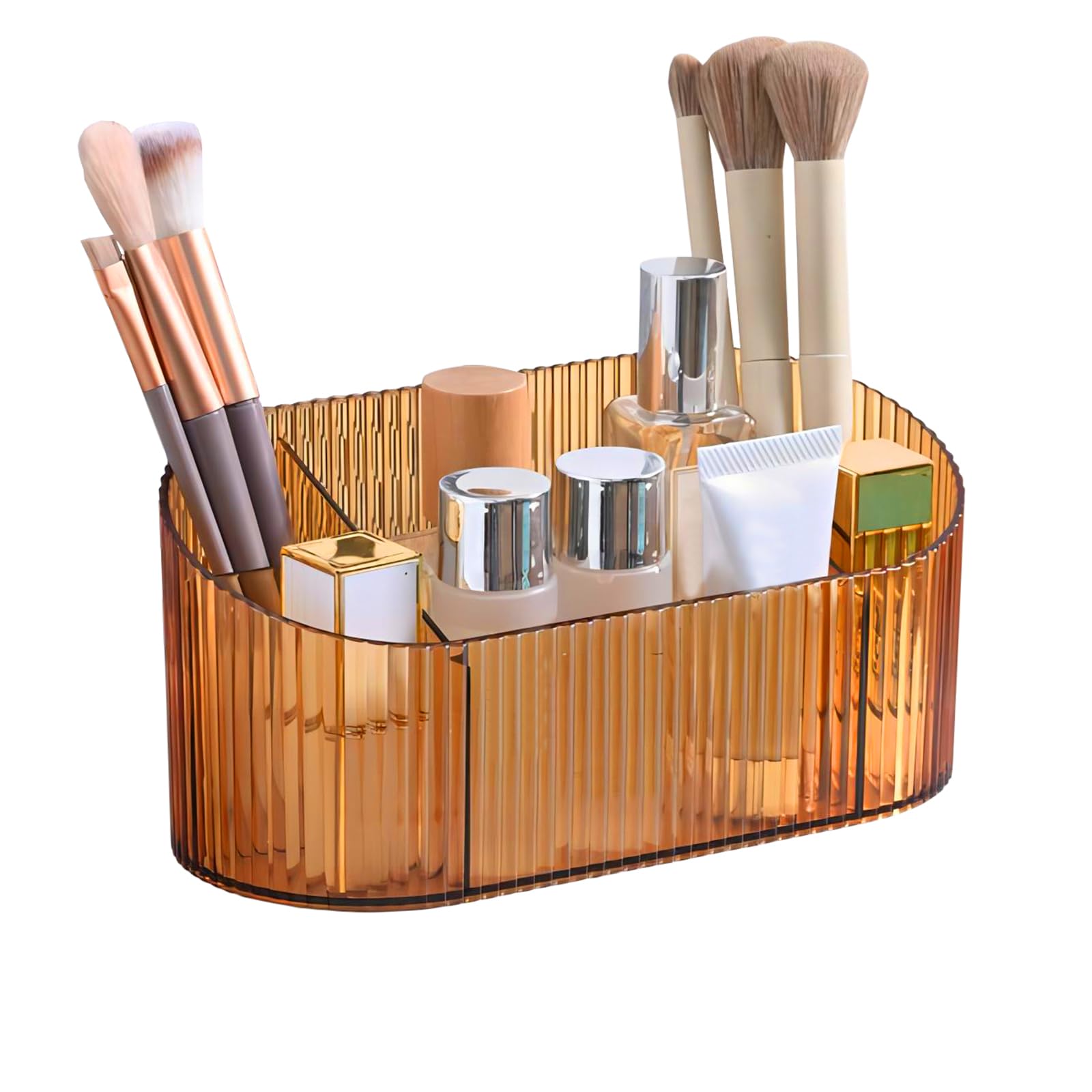 DASITON Makeup Organiser, 5 Slots Makeup Brush Holder Storage Cup, Vintage Striped Make Up Brush Holder Cosmetic and Skincare Organiser for Dressing Table, Vanity, Bathroom, Desktop (Yellow)