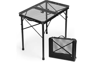 Small Folding Table 60 x 40 cm with Carry Handle, Adjustable Height 27/56 cm, Black Metal Mesh Top, Portable & Compact for In