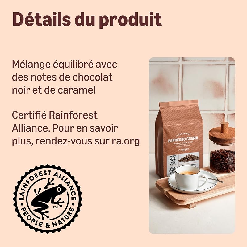 Café en Grains Espresso Crema, Torréfaction Moyenne, caféiné, 500g, lot de 2 - Certifié Rainforest Alliance