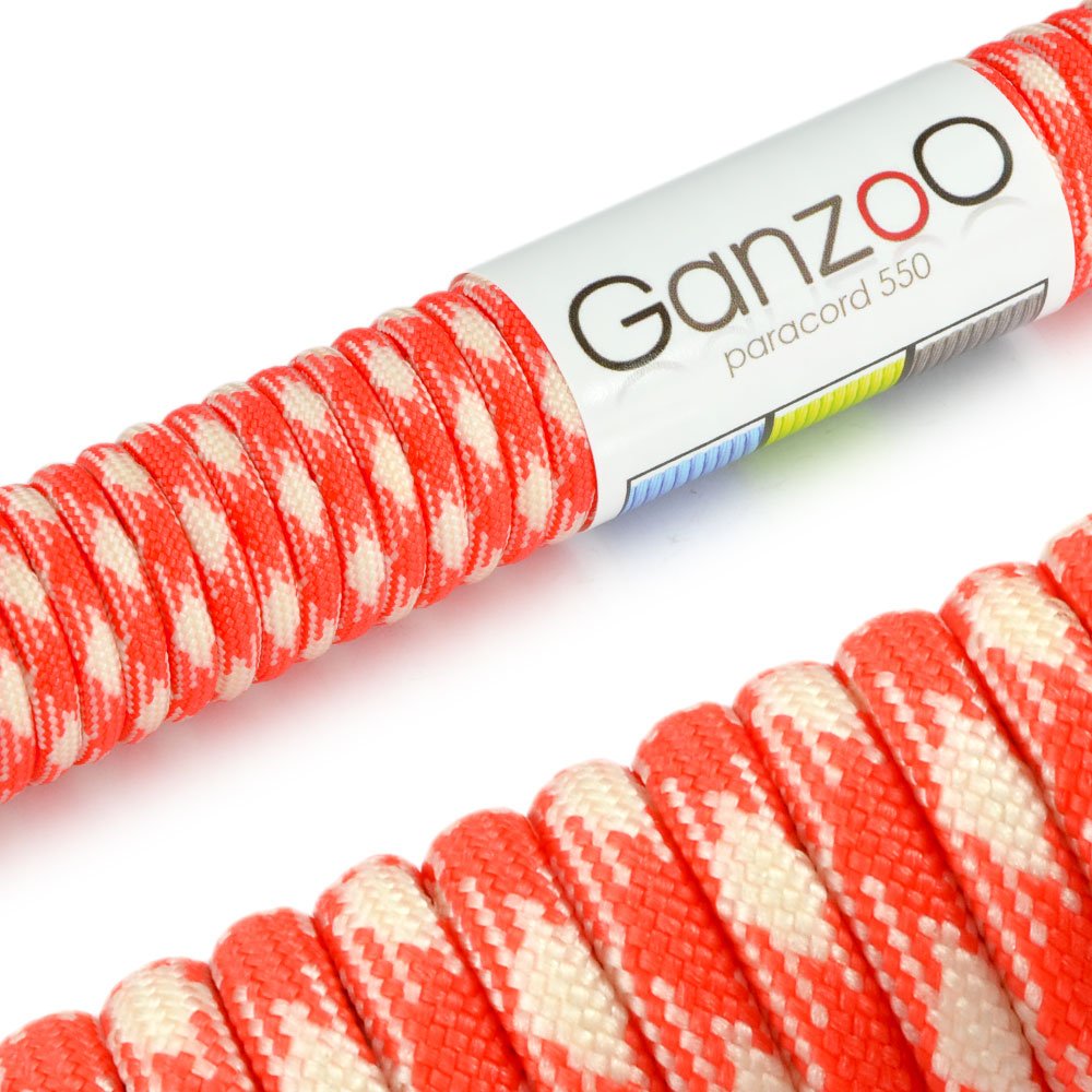 Paracord 550 rope, universally applicable, survival rope made of tear-proof parachute cord (core coat rope made of nylon) universal survival cord - 7 cords 31m/100ft 550lbs capacity, colour: red white. IMPORTANT: THIS PARACORD ROPE IS NOT SUITABLE FOR CLIMBING! Made by Ganzoo