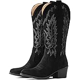 IUV Suede Cowboy Boots For Women Chunky Heel Pointed Toe Cowgirl Boots Mid Calf Western Embroidery fall Boot