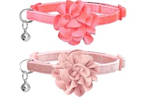 azuza 2 Pack Cat Collar Floral with Bell and Removable Flower Bowtie Breakaway Adjustable Velvet Fabric Cat Collar for Pets and Daily Decoration, Light Pink & Dark Pink