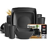 Teivio 16-piece Plastic Wheat Straw Square Dinnerware Set for 4, Unbreakable Dinner Plates, Salad Plates, Snack Bowls, Tumblers 13.5 oz, Dishwasher Safe, Kitchen Outdoor Camping,Black
