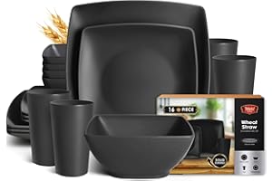 Teivio 16-Piece Kitchen Wheat Straw Square Dinnerware Set Service for 4, Unbreakable Dinner Plates, Dessert Plates, Snack Bow