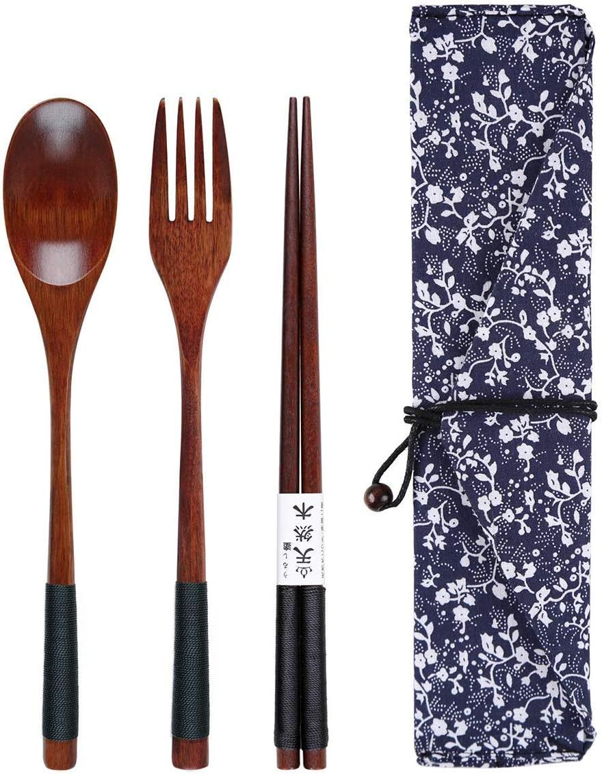 Wooden Cutlery Set Chopsticks Spoon Fork Set, Reusable 3pcs Travel Utensils Tableware for Home,Office,Outdoor Camping (Blue flower)