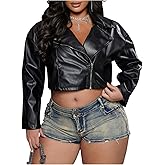 BEAUDRM Women's Plus Size Faux Leather Jacket Full Zip Long Sleeve Bomber Outerwear Crop Motorcycle Biker Coat