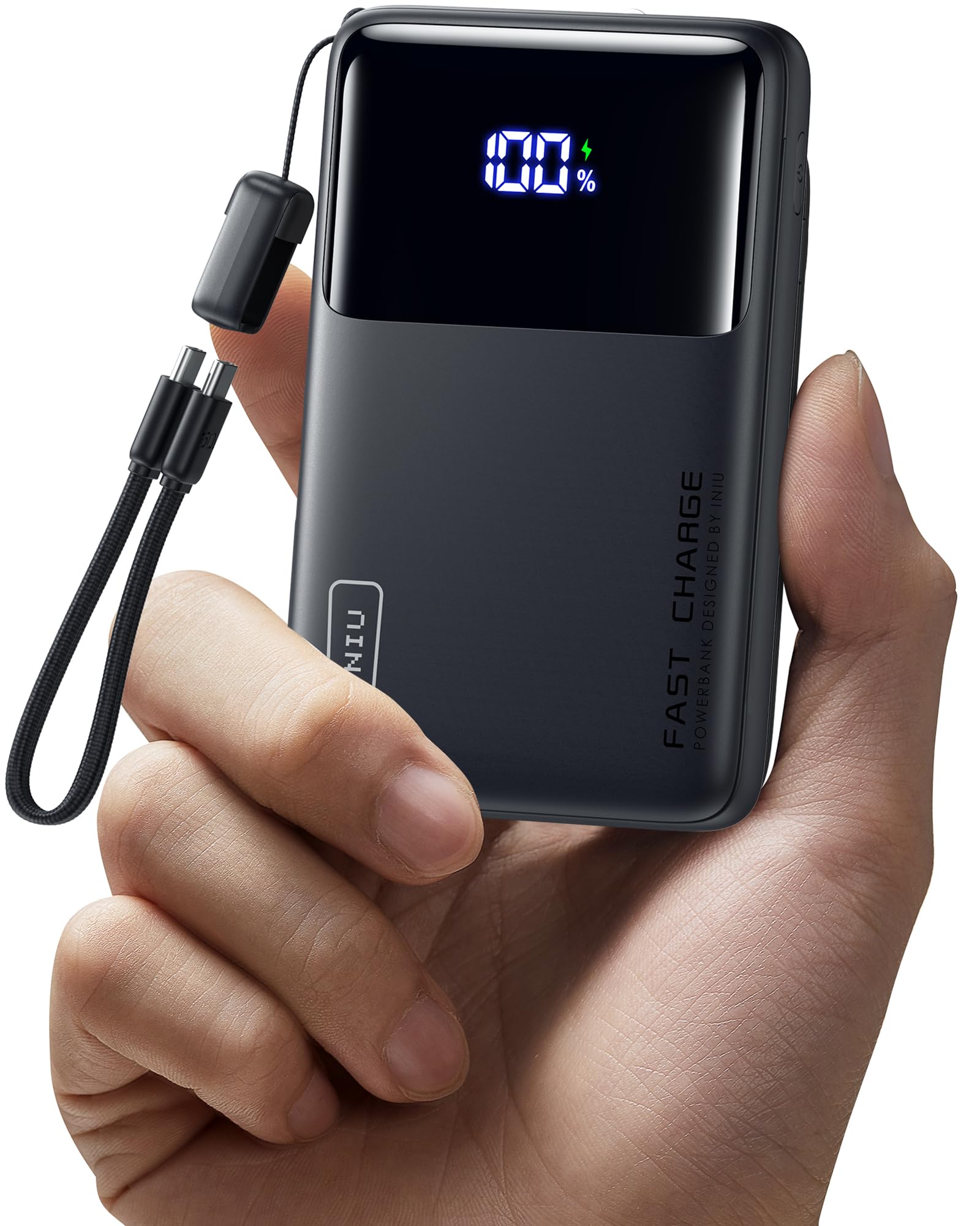 INIU Cargador portátil pequeño, 45 W PD carga rápida 10000 mAh Power Bank, batería con cable USB C adjunto, Travel Essentials Powerbank para iPhone 17 16 15 14 Pro Air, Xiaomi, Samsung S25 S24, etc.