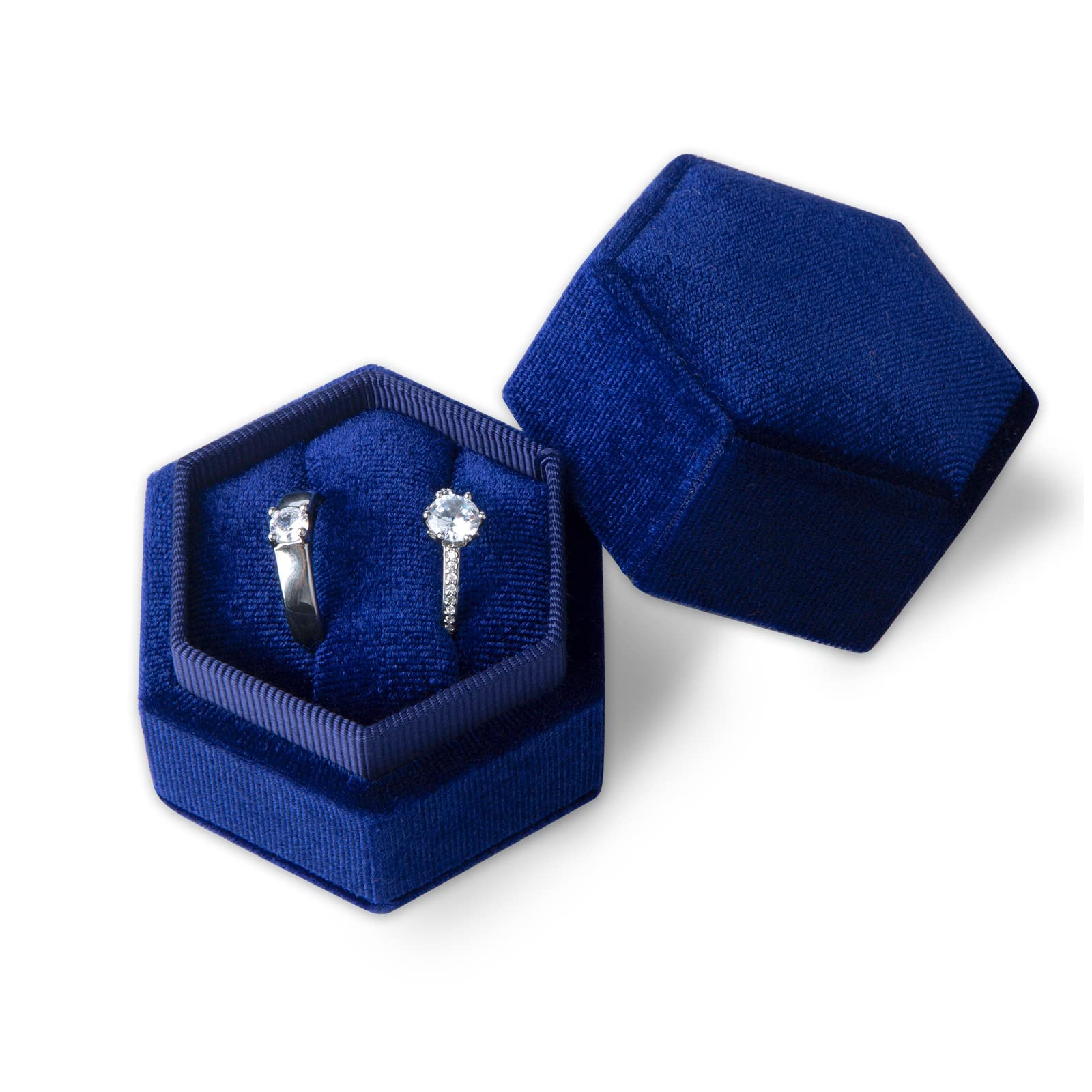 KINBOM Velvet Ring Box for Jewelry Gifts, Double Fluted Hex Ring Box for Proposal Engagement Wedding Valentine's Day Holds 2 Rings (Dark Blue)