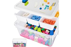 TERGOO 17QT Multipurpose Plastic Storage Box with Baseplate Lid, Stackable Craft Organizers and Storage Containers with Removable Tray, Clear Art Bin Organizer for Building Bricks, Bead (White lid)