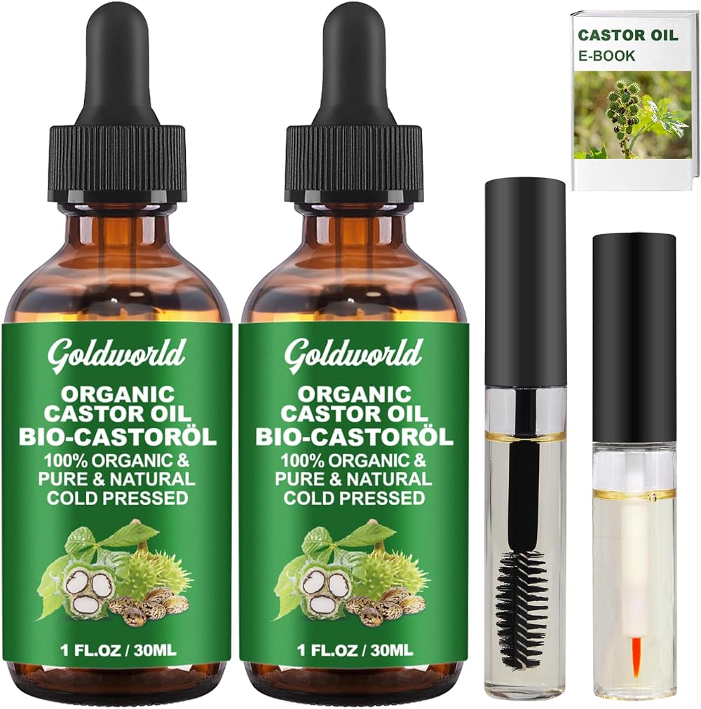 GoldWorld Castor Oil 2 Packs with Free Lash&Brow Brushes & E-Book