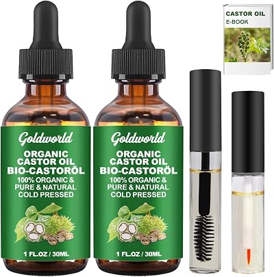 GoldWorld Castor Oil 2 Packs with Free Lash&Brow Brushes & E-Book