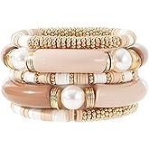 GOOJIDS Simple Beaded Gold Plated Bangles Bracelet Chunky Bamboo Tube Curved Stacking Clear Acrylic Colorful Beads Stretchable Gold Plated Bracelets Set For Women