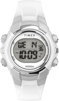 Sport Unisex-Armbanduhr, 33 mm, weißes Kunstharzarmband, digitales Zifferblatt, silberfarbenes Gehäuse TW5M61500