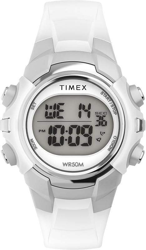 Sport Unisex-Armbanduhr, 33 mm, weißes Kunstharzarmband, digitales Zifferblatt, silberfarbenes Gehäuse TW5M61500