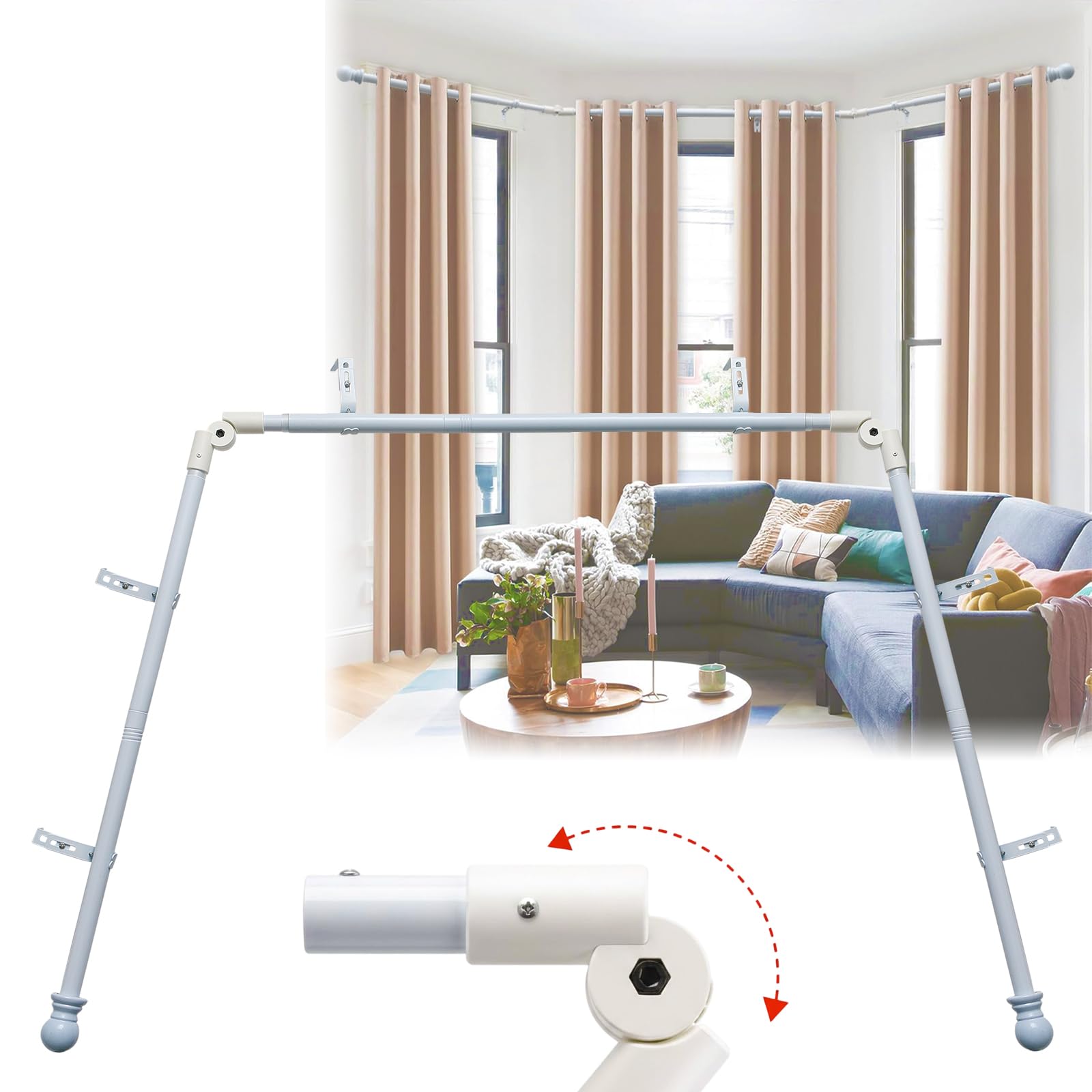 Photo 1 of Bay Window Curtain Rods, 36-160" Heavy Duty Corner Curtain Rod, Adjustable DIY Design for Center and Side Rods,U-Shape 1 inch Drapery Rod Set with Brackets for Windows - White