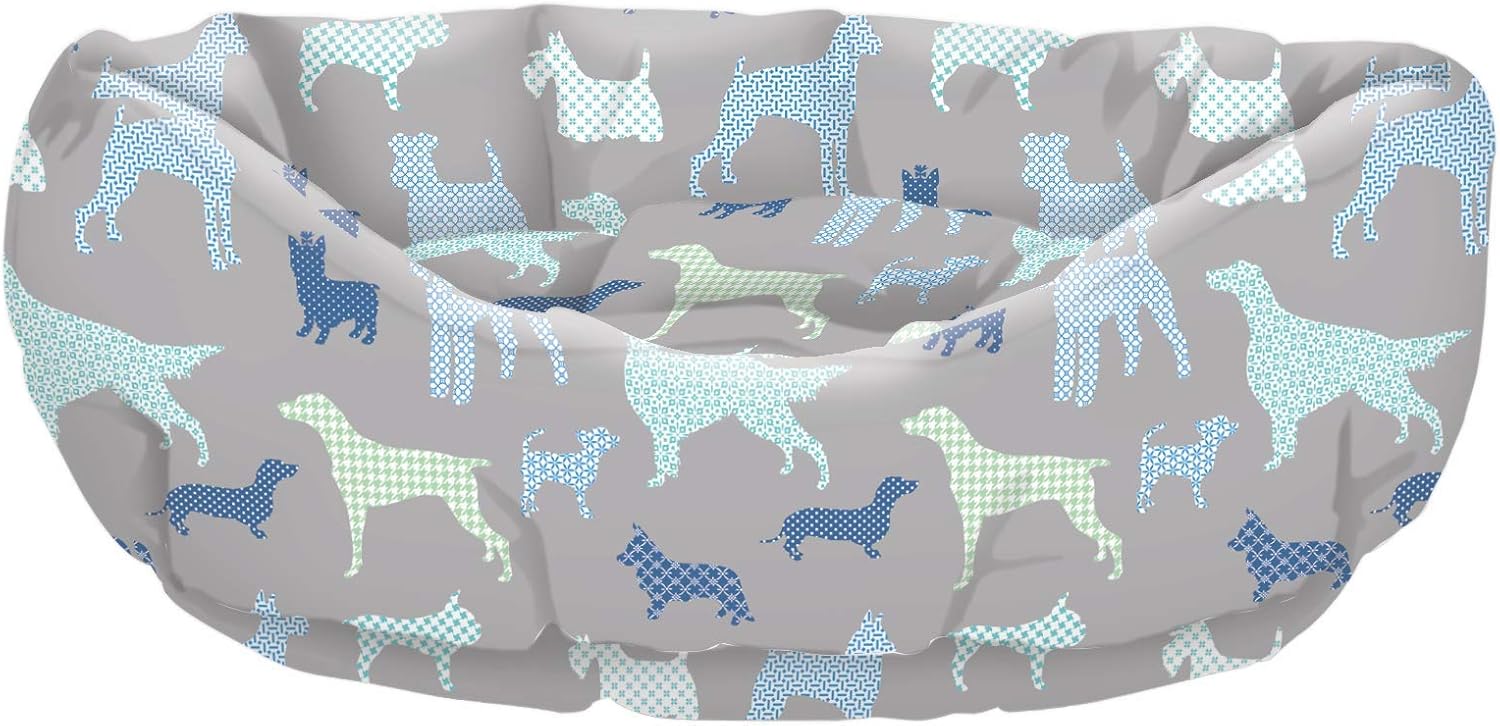 Fringe Studio Cuddler Pet Bed, Medium, Calico Dogs, 28 x 24 x 9 (216002), Blue/Gray