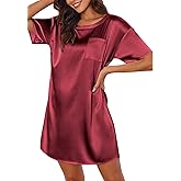 Ekouaer Silk Sleep Shirts for Women Satin Nightshirt Tshirt Nightgown Sleepwear Shirt Dress With Chest Pocket S-2XL