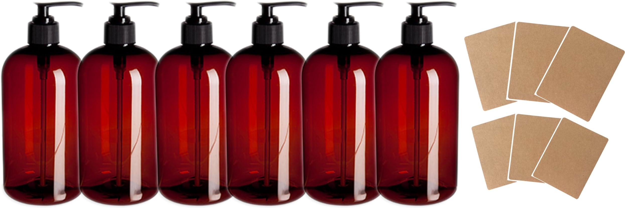 SanDaveVA Brand 16oz Amber Plastic Bottle PET Round Bottles w/Black Lotion Pumps 6/PK and Kraft Labels