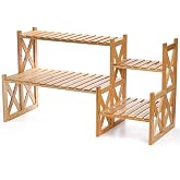 Lawei 2 Tier Bamboo Tabletop Plant Stand, Adjustable Flower Pot Holder Shelf Planter Display Stand, Small Desktop Ladder Plant Rack for Indoor Outdoor Home Patio Lawn Garden Balcony Organizer