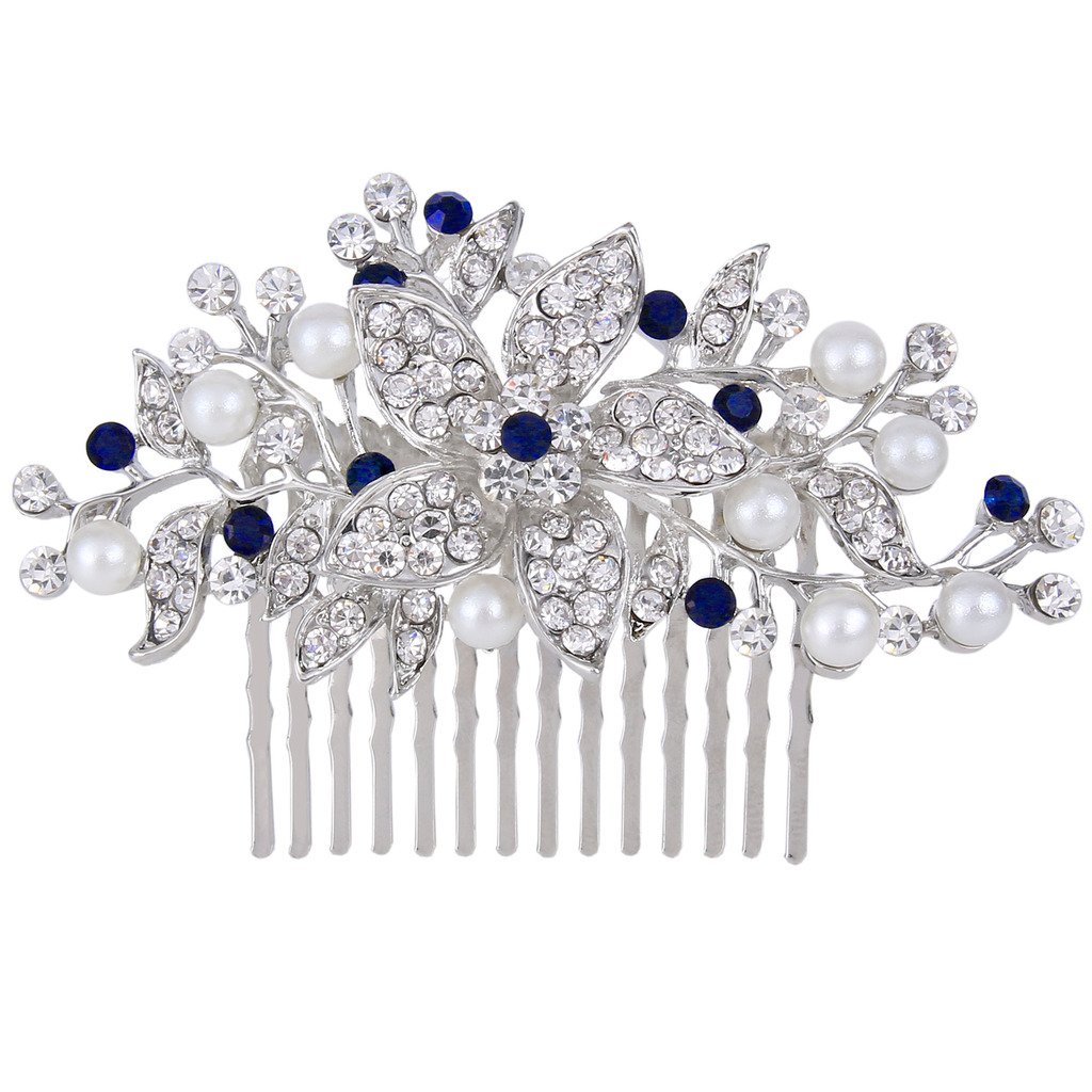 Ever Faith Silver-Tone Crystal Simulated Pearl Flower Leaf Vine Hair Comb Blue Sapphire-Color