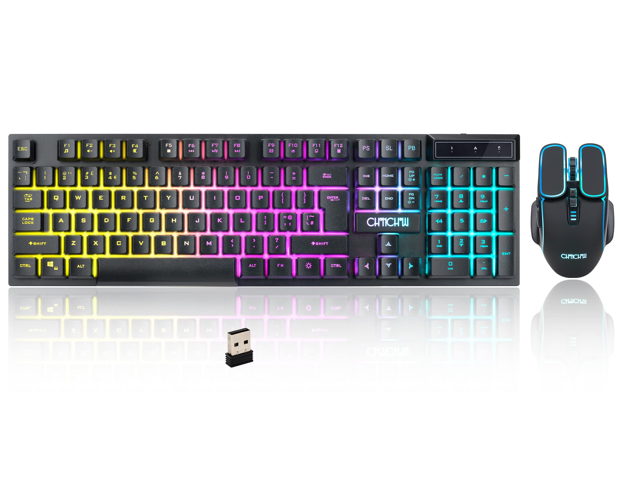 CHONCHOW Wireless Gaming Keyboard and Mouse Combo, Rechargeable Rainbow LED Light Up Wireless Keyboard and Ergonomic Wireless Gaming Mouse, Wireless Gaming Mouse Keyboard for Xbox PS4 PS5 PC Laptop
