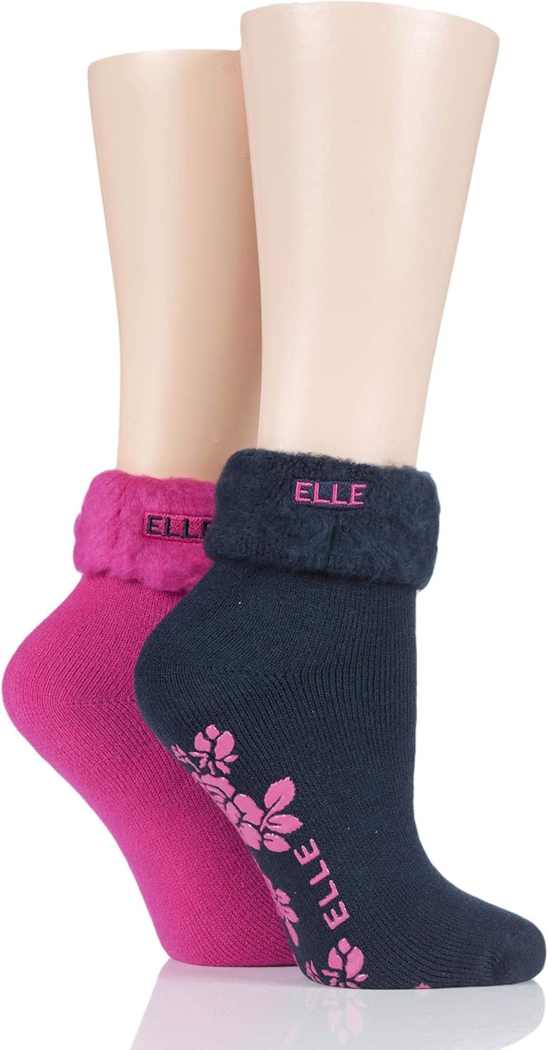Elle Women's 2 Pair Thermal Bed & Slipper Socks (48, Dark Ruby