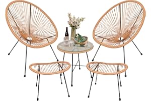 ELEGIBLISS 5-Pieces Acapulco Chair Set, Indoor & Outdoor Patio Furniture with Glass Table and Footstool, All-Weather Conversation Bistro Set, Lounge Seating Chair Set, Brown