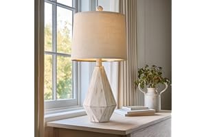 PoKat 20.25" Farmhouse Table Lamp for Nightstand, Vintage Bedside Lamps, Rustic Small Lamp, Modern Side Table Lamp for Living Bed Room Home with Linen Lampshade, White