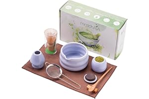 MatchAiA Matcha Whisk Set - Ceramic Bowl, Bamboo Whisk with Holder, Storage Canister, Sifter, Schima Spoon with Rest, Tea Towel - 8 Pcs Complete Kit for Traditional Matcha and Modern Lattes (Purple)
