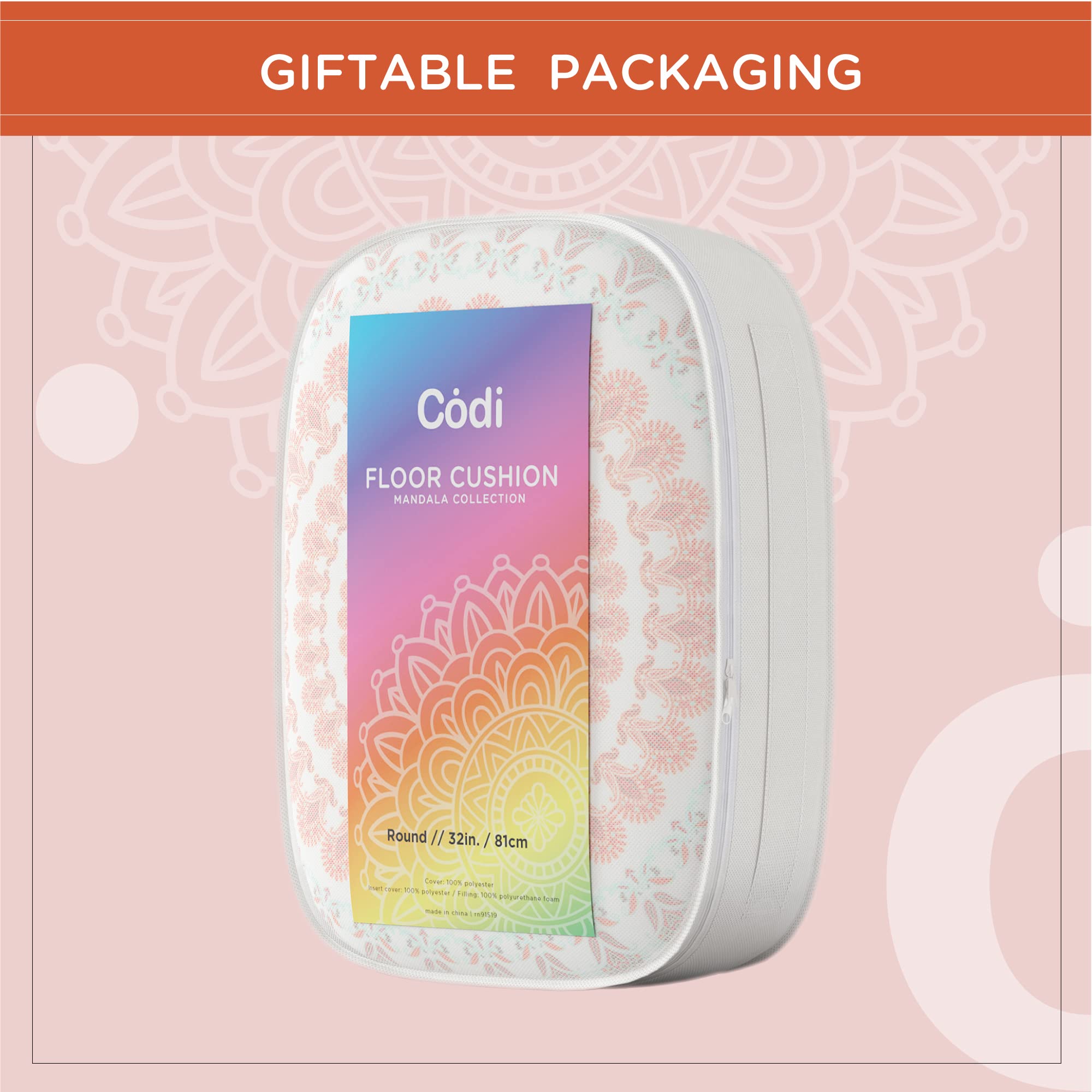 Codi Meditation Floor Pillow, Round Large Pillows Seating for Adults, Bohemian Mandala Circle Cushion for Outdoor Fireplace Yoga Living Room, 32 Inch, Memory Foam Added, Coral - Image 6