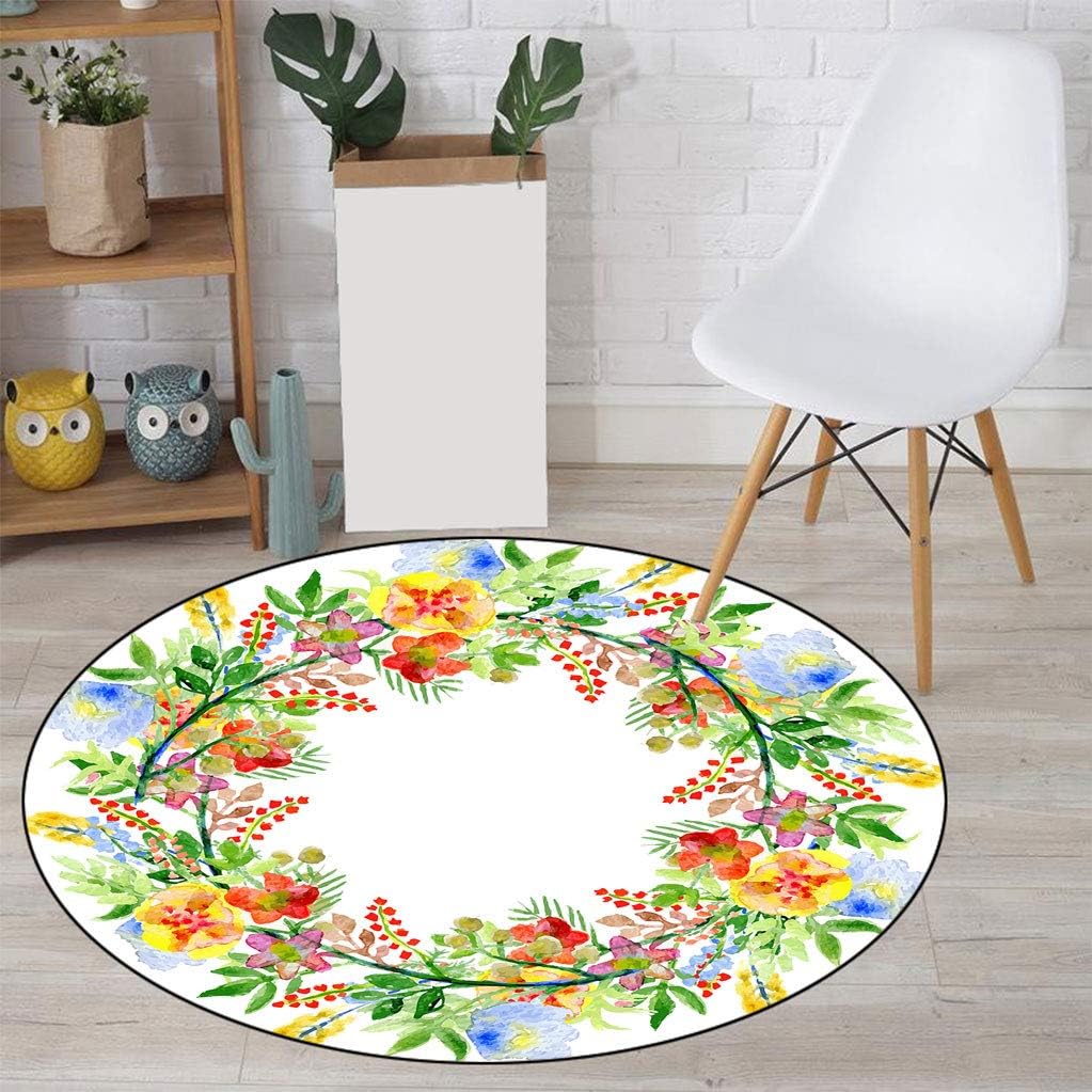Floral Luxury Round Rugs, Wreath with Green Branches Leaves