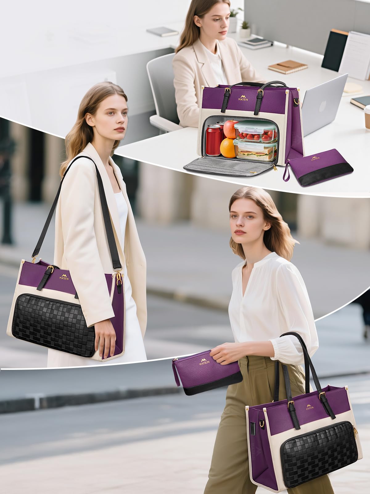 MATEIN Lunch Tote Bag for Women, 15.6 Inch PU Leather Laptop Briefcase with Insulated Lunch Compartment, Large Capacity Professional Computer Work Handbag with Purse for Office Nurse Teacher, 2 Sets