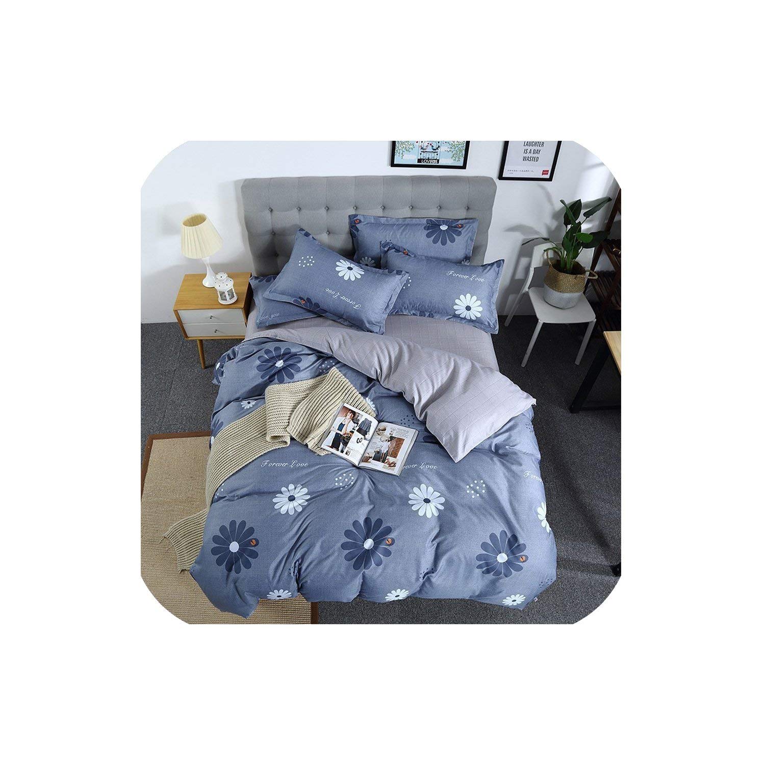 LOVE-JING 3/4Pcs Bedding Set Geometric Duvet Cover Solid Flat Sheet Color Bed Linen Set Leaf Bed Set Ab Side Home Decor Grey Bedclothes,12,Twin 4Pcs,(Flat Bed Sheet)