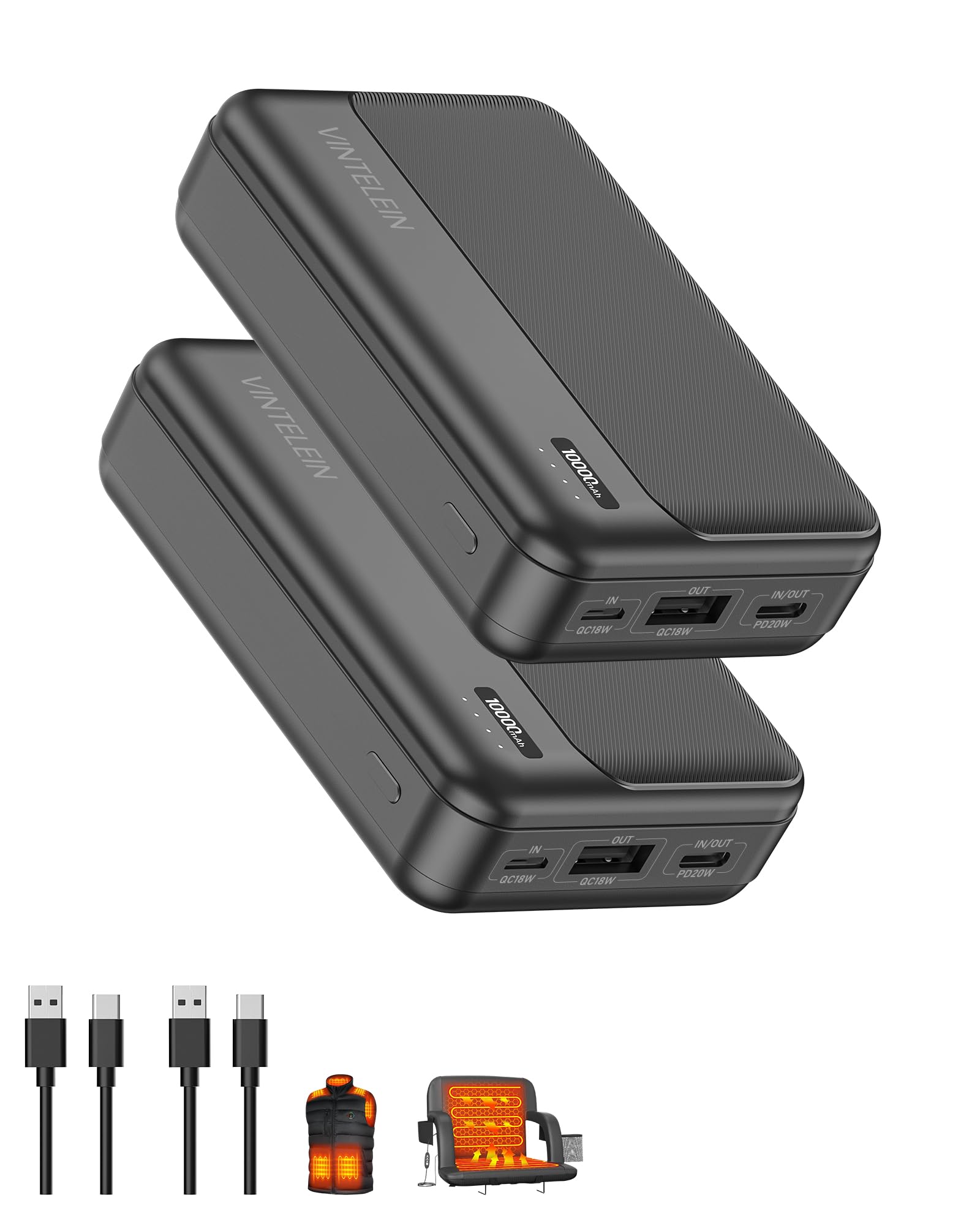 VINTELEIN 2-Pack 5V 2A Heated Vest Battery Pack Ultra-Compact Small 10000mAh Power Bank for Burngogo/Rrtizan/Soleilwear/Yolikeb Tidewe/Kovnlo Electric Heating Jacket/Stadium Seat Cushion/Coat/Blanket