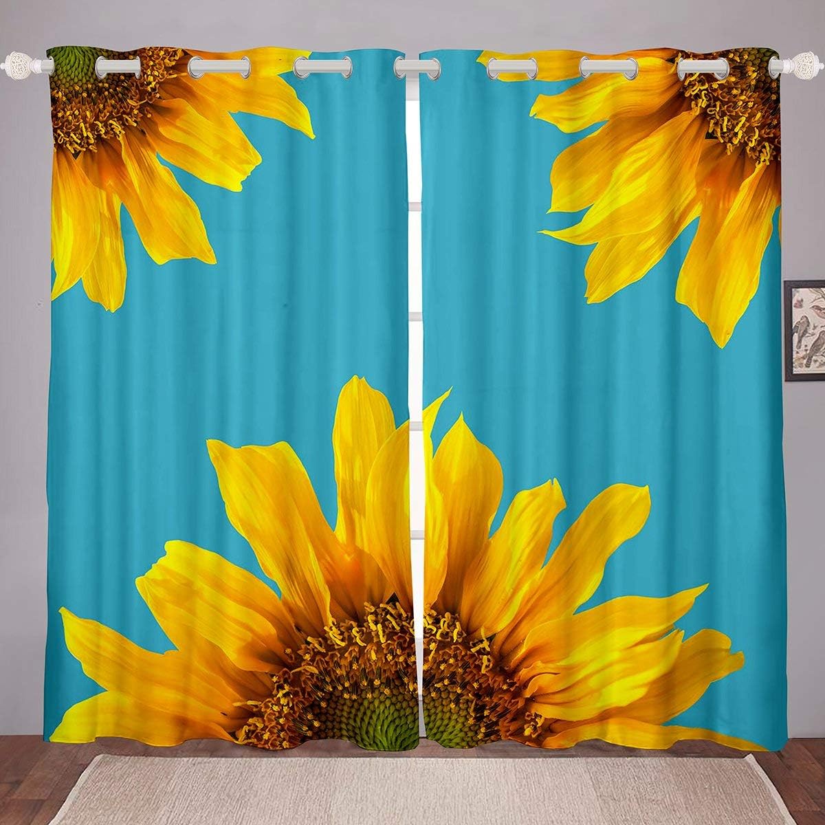 Sunflower Window Curtain Panels For Kids Boys Girls Teens, Romantic Flowers Window Drapes, Yellow Floral Curtains Petal Garden Rustic Window Treatment Adult Bedroom Decor, Teal Blue 76